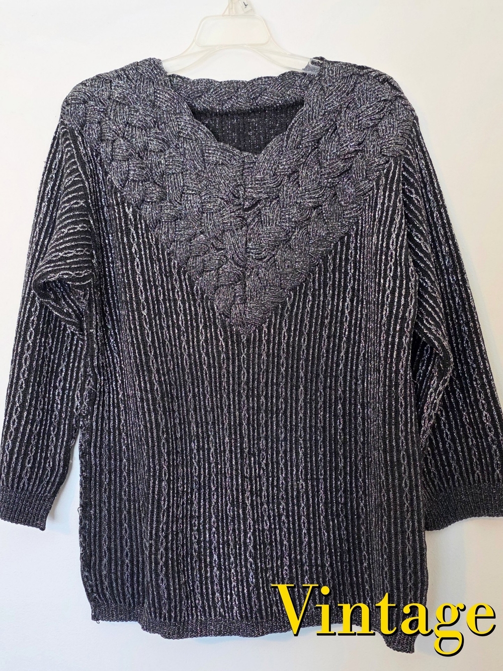 Vintage Women's Gray Cable Yoke Sweater (READ DESCRIPTION FOR SZ.)